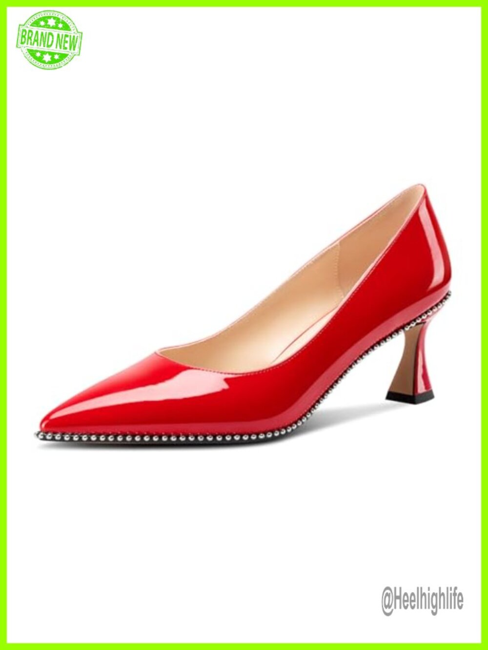 Womens Kitten Heel Pointed Toe Pumps Slip-On Beaded Patent Leather Prom Wedding